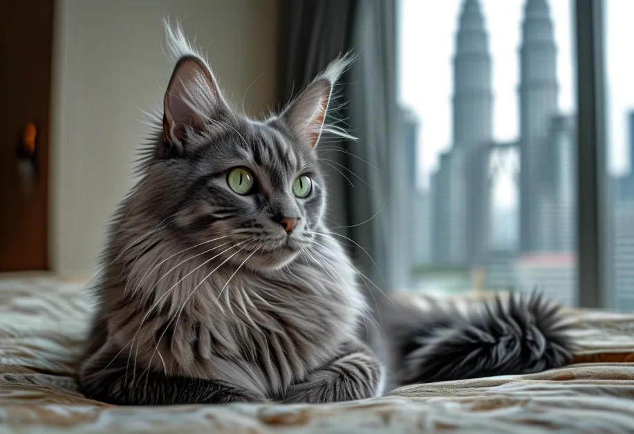ภาพเต็มตัวของแมวทิฟฟานี่บนโต๊ะไม้ ขนเงางามตัดกับวิว Petronas Towers ที่อยู่ด้านหลัง
