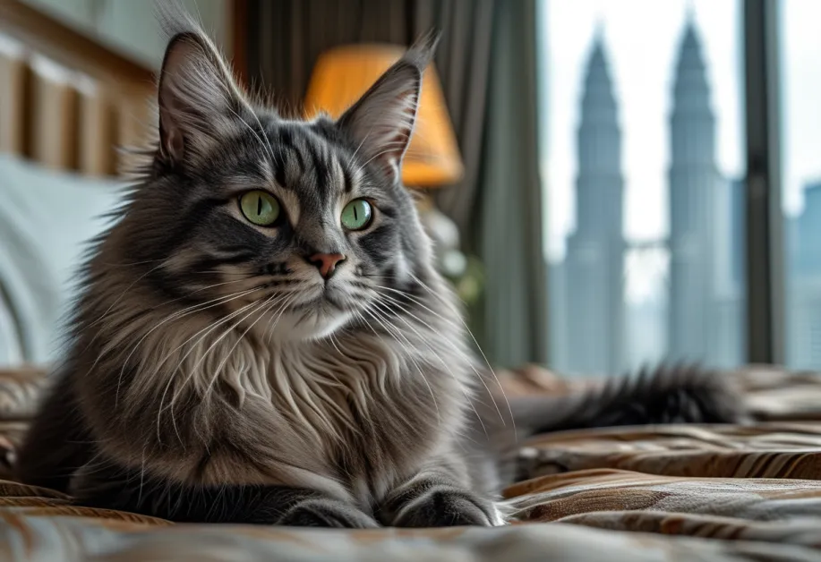 แมวทิฟฟานี่กำลังจ้องมองกล้อง พร้อมพื้นหลังเป็น Petronas Towers สว่างไสวในแสงไฟเมือง