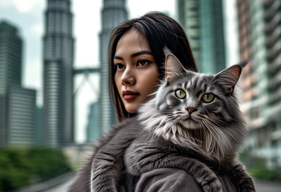 แมวทิฟฟานี่น่ารักนั่งข้างหน้าต่าง พร้อมแสงอาทิตย์ส่องสวยงาม พื้นหลังคือวิว Petronas Towers สุดโดดเด่นในยามเช้า