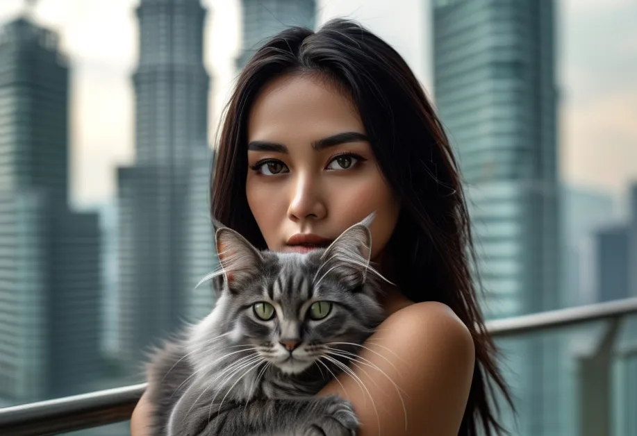 แมวทิฟฟานี่นั่งอย่างสง่างามบนระเบียง พร้อมพื้นหลังเป็นวิว Petronas Towers สว่างไสวในยามค่ำคืน เพิ่มความโดดเด่นให้ภาพ