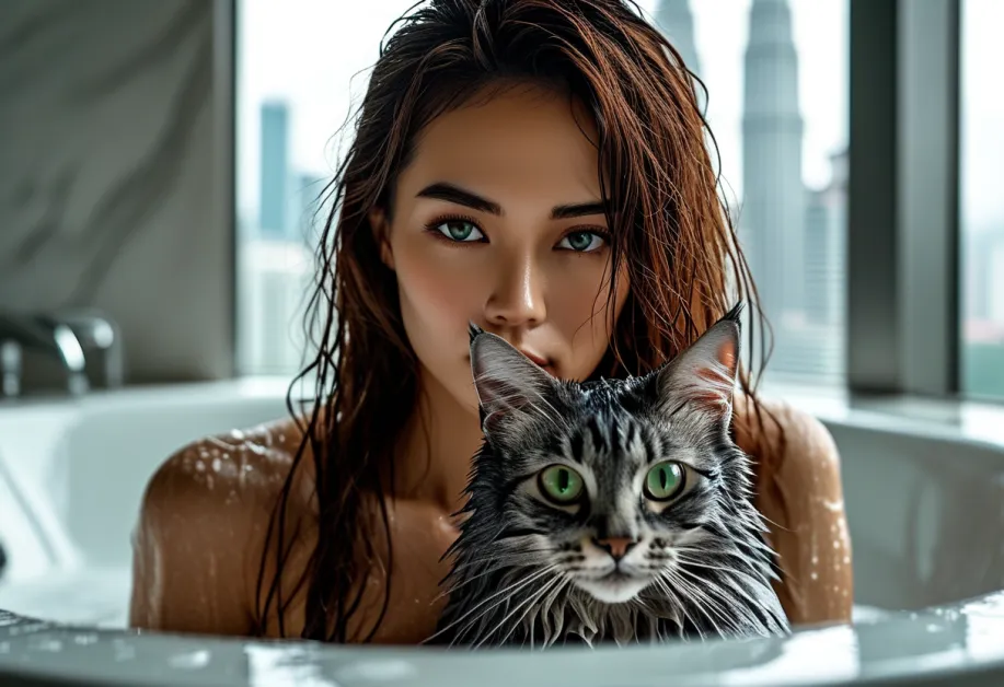 ภาพแมวทิฟฟานี่กำลังเล่นอย่างสดใส พร้อมวิว Petronas Towers สวยงามด้านหลังในช่วงเวลาพลบค่ำ