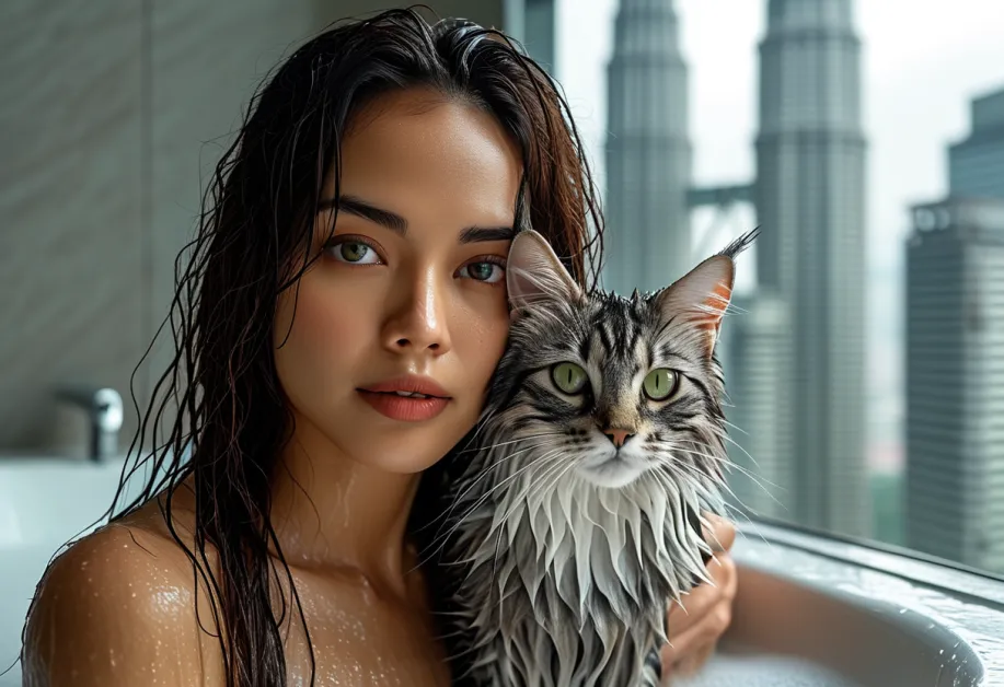 แมวทิฟฟานี่กำลังนั่งมองวิวจากมุมสูง พร้อมพื้นหลังเป็น Petronas Towers ที่ดูตระการตา