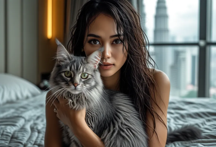 แมวทิฟฟานี่สุดสง่างาม เดินทอดน่องบนพื้นหญ้าเขียวขจี พร้อมวิว Petronas Towers เป็นฉากหลัง