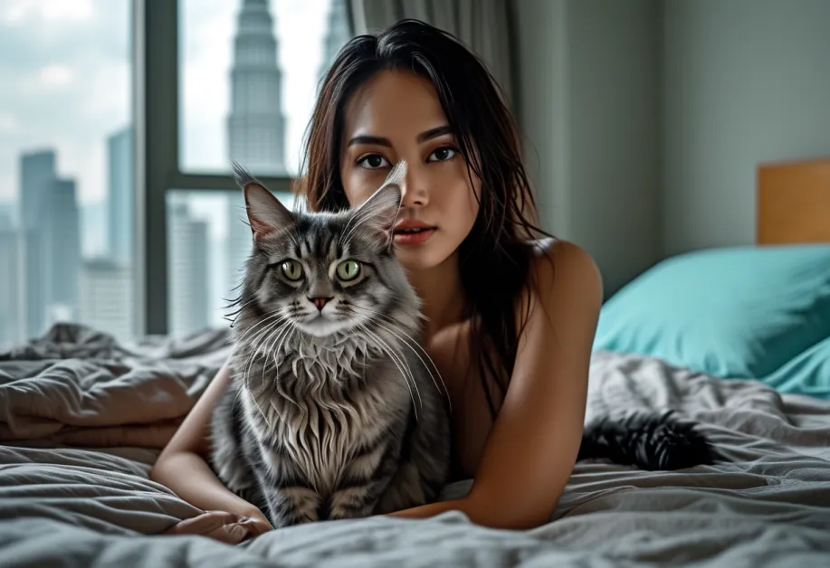 ภาพแมวทิฟฟานี่ยิ้มอ่อนโยน ขณะโพสท่าสบายๆ กับฉากหลัง Petronas Towers ยามเย็น