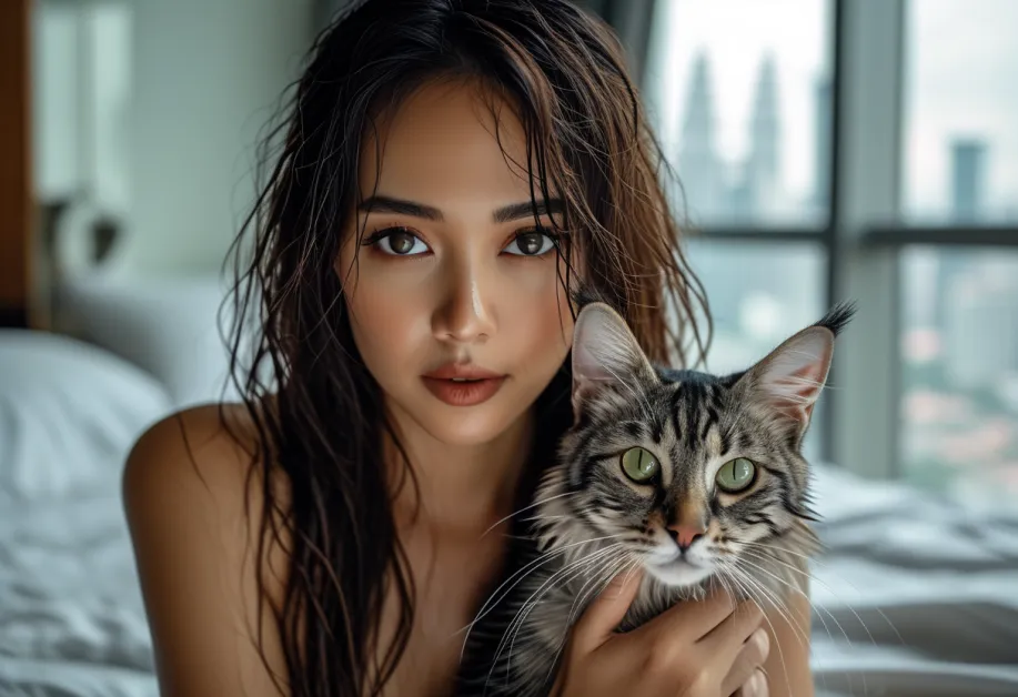 มุมมองเงียบสงบของแมวทิฟฟานี่นั่งอยู่บนระเบียง โดยมี Petronas Towers เพิ่มมิติให้กับภาพ