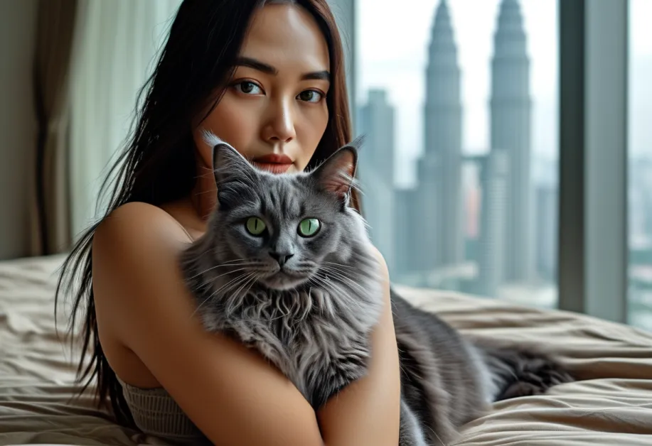 แมวทิฟฟานี่กำลังมองกล้องอย่างสง่างาม พื้นหลังคือ Petronas Towers ที่ตั้งตระหง่าน เพิ่มเสน่ห์ให้ภาพ