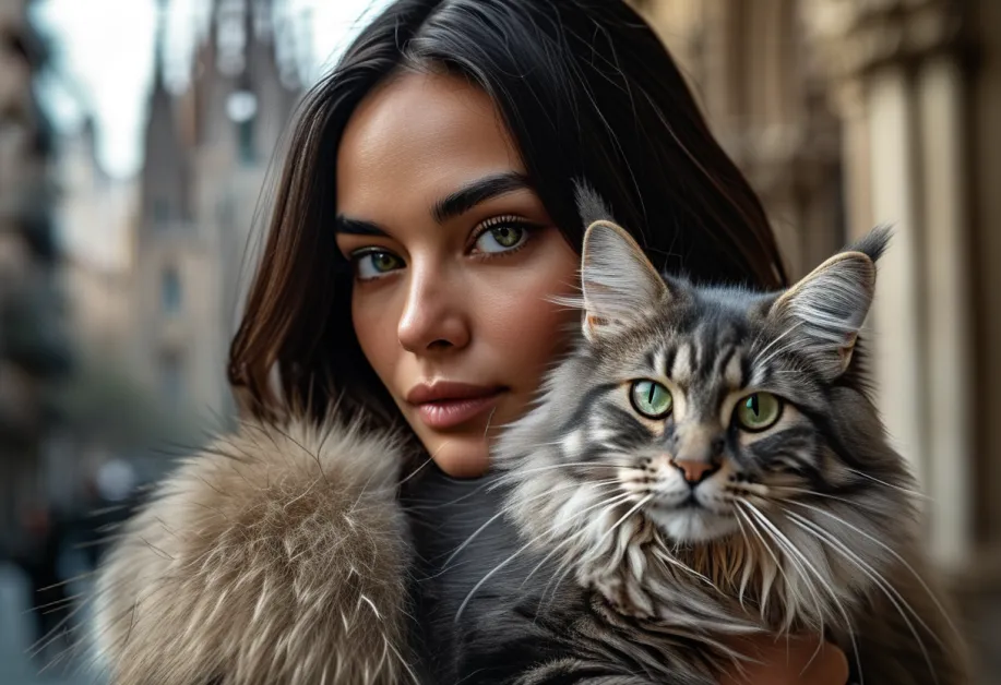 Sagrada Familia Tiffany Cat - แมวทิฟฟานี่ในฉากหลังที่เต็มไปด้วยรายละเอียด โดดเด่นด้วยขนที่เงางามและบุคลิกสงบ