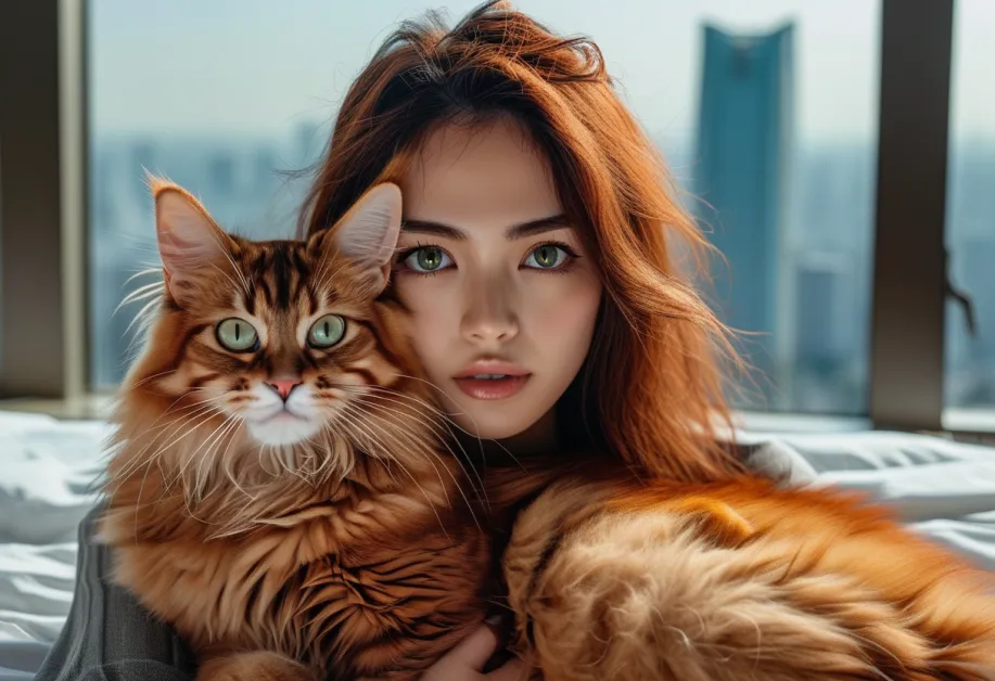 แมวโซมาเลียขี้เล่นที่โตเกียวสกายทรีวิว - ถ่ายภาพแมวโซมาเลียในช่วงเวลาที่สนุกสนานใกล้กับทิวทัศน์อันน่าทึ่งของโตเกียวสกายทรี