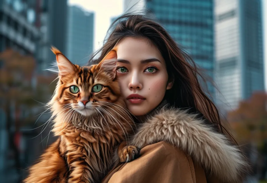 แมวโซมาเลียในความสง่างามพร้อมฉากหลังโตเกียวสกายทรี - แมวโซมาเลียที่สวยงามโพสท่าอย่างสง่างามโดยมีโตเกียวสกายทรีอันเป็นสัญลักษณ์เป็นฉากหลัง