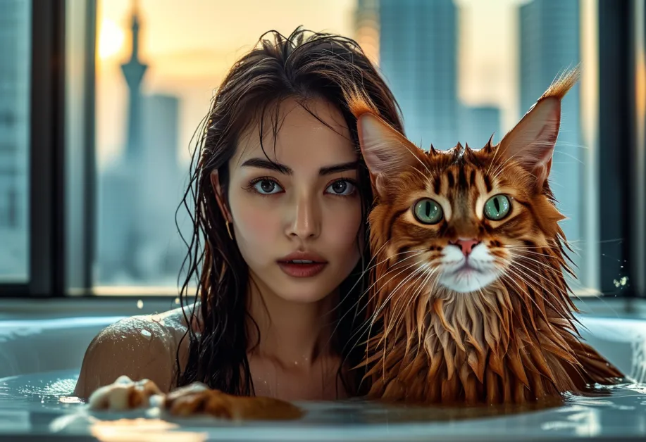 โปรไฟล์แมวโซมาเลียและโตเกียวสกายทรี - รูปร่างที่โฉบเฉี่ยวของแมวโซมาเลียตัดกันอย่างสวยงามกับโครงสร้างที่ทันสมัยของโตเกียวสกายทรีในระยะไกล