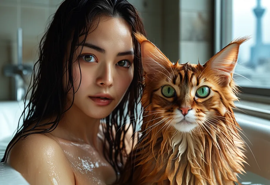 แมวโซมาเลียผ่อนคลายริมโตเกียวสกายทรี - แมวโซมาเลียที่เงียบสงบเพลิดเพลินไปกับช่วงเวลาที่เงียบสงบ โดยมีโตเกียวสกายทรีอันงดงามให้เส้นขอบฟ้าที่งดงาม