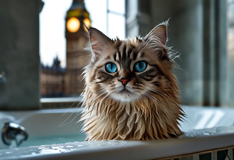 แร็กดอลล์แมวแสนรักนั่งชิลล์อยู่หน้าแลนด์มาร์คบิ๊กเบน สายตาเต็มไปด้วยความน่ารักและความสง่างาม