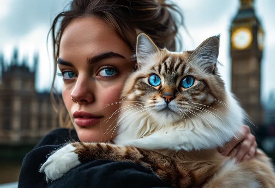แมวแร็กดอลล์สุดน่ารักคู่กับบิ๊กเบน แสดงความนุ่มนวลและสง่างามในบรรยากาศลอนดอนที่มีเอกลักษณ์
