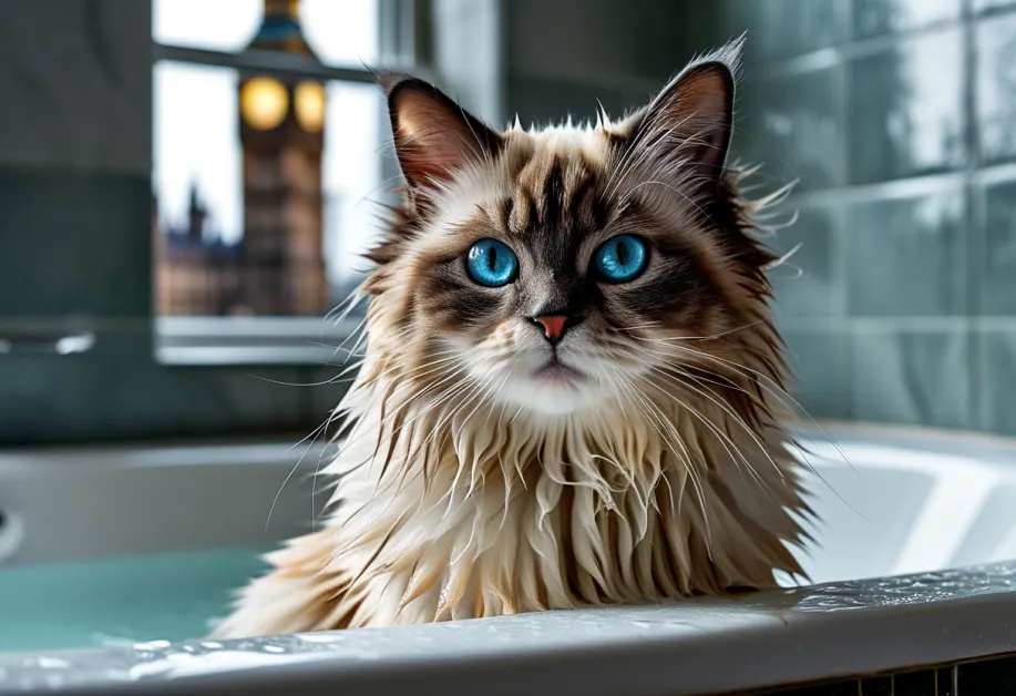 แมวแร็กดอลล์ในท่วงท่าขี้เล่น นำความน่ารักผสานกับฉากหลังบิ๊กเบนที่ดูน่าทึ่ง