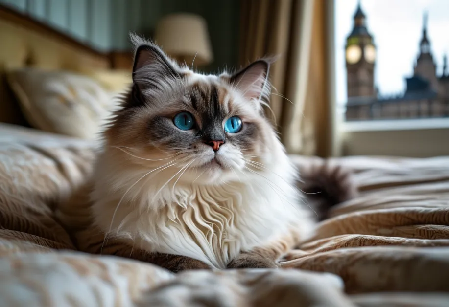 แร็กดอลล์สีขนสวยสะดุดตา โดดเด่นอยู่หน้าบิ๊กเบน สะท้อนความสง่างามของแมวสายพันธุ์นี้