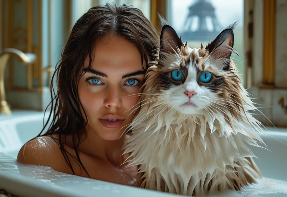 แมวแร็กดอลล์ขี้เล่นที่หอไอเฟล - ช่วงเวลาที่น่ารื่นรมย์ของแมวแร็กดอลล์เพลิดเพลินกับทิวทัศน์อันงดงามใกล้กับหอไอเฟล