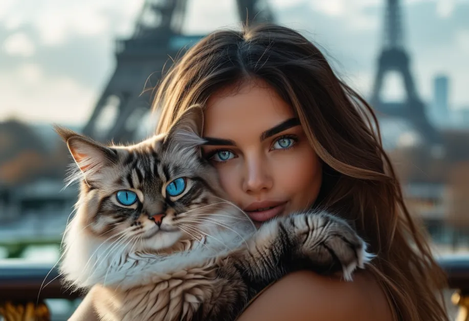 แมวแร็กดอลล์ที่หอไอเฟล - แมวแร็กดอลล์อันน่าทึ่งโพสท่าอย่างสง่างามหน้าหอไอเฟล