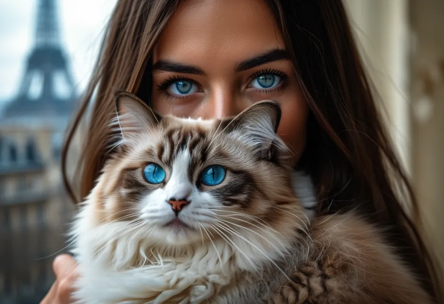แมวแร็กดอลล์ที่สง่างามพร้อมฉากหลังหอไอเฟล - ภาพที่น่าทึ่งของแมวแร็กดอลล์ที่เพลิดเพลินกับทิวทัศน์อันเป็นสัญลักษณ์ของหอไอเฟล