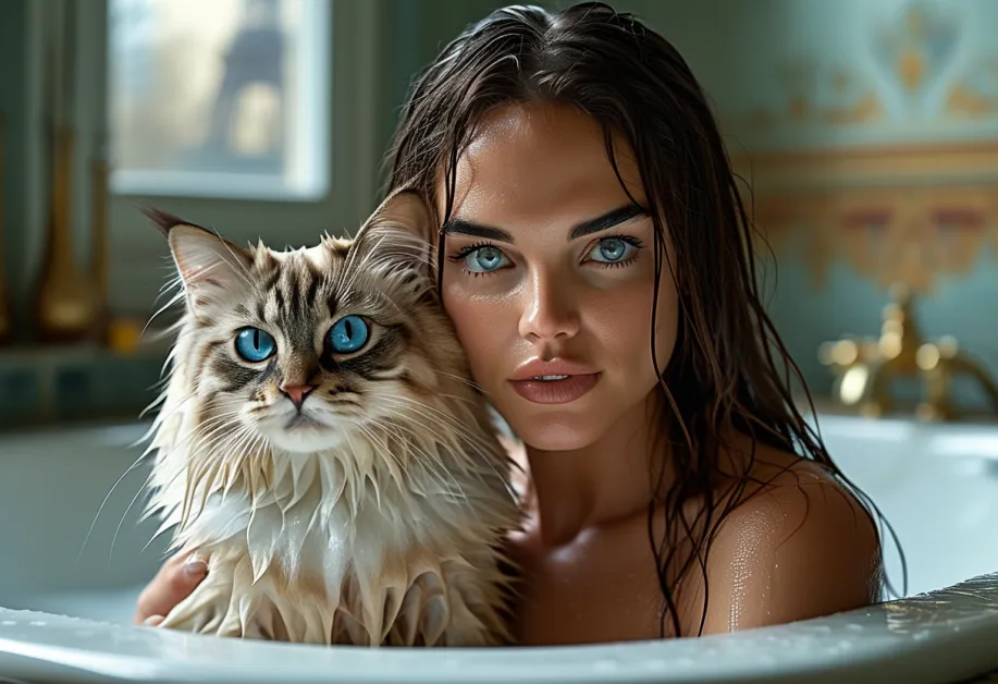 แมวแร็กดอลล์ที่ผ่อนคลายที่หอไอเฟล - แมวแร็กดอลล์ที่เงียบสงบนั่งเล่นอย่างสง่างามริมหอไอเฟลแสดงความสงบและความงาม