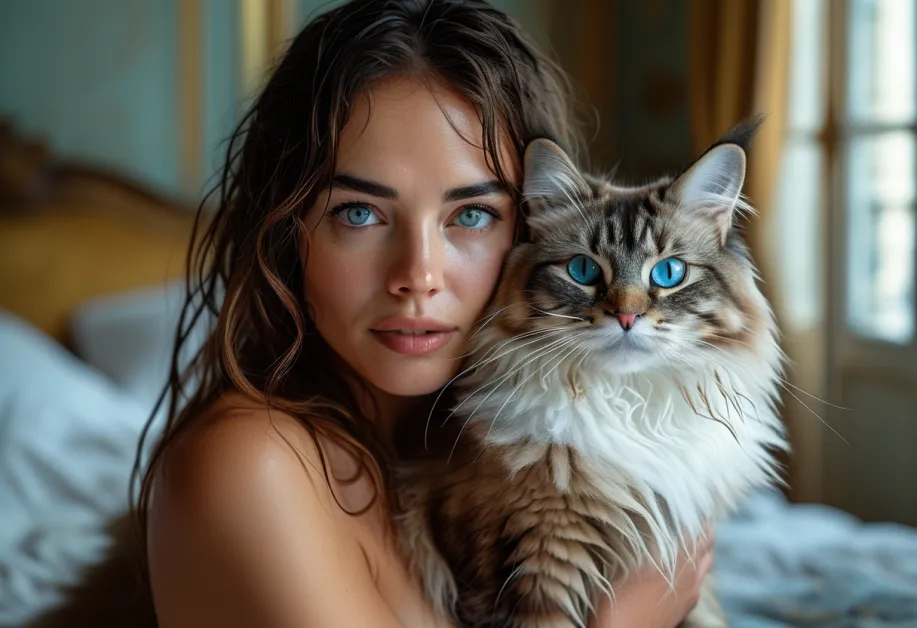 แมวแร็กดอลล์ขนปุยที่หอไอเฟล - ภาพระยะใกล้ของแมวแร็กดอลล์ที่อวดขนที่หรูหราและท่าทางที่สงบสุขใกล้กับหอไอเฟล