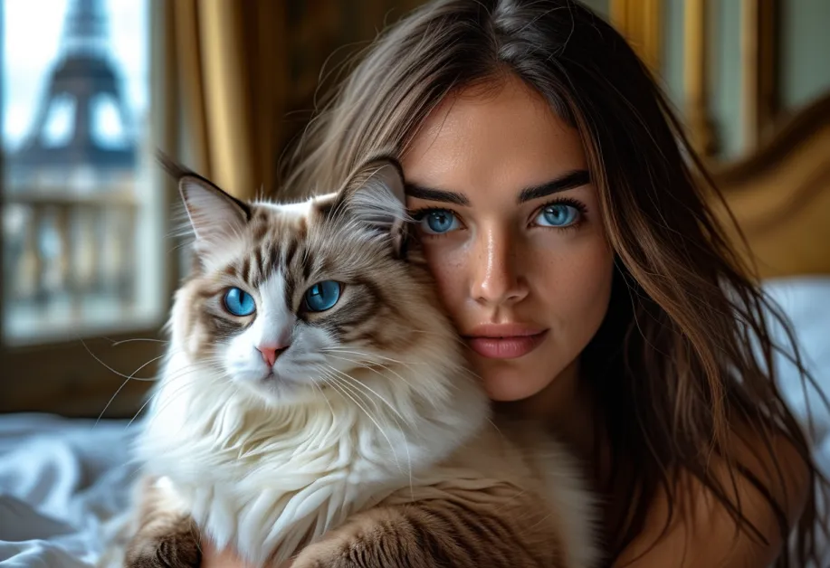 ท่าทางชมทิวทัศน์ของแมวแร็กดอลล์ที่หอไอเฟล - ชมแมวแร็กดอลล์ที่ถ่ายรูปได้ดื่มด่ํากับความงามของทิวทัศน์หอไอเฟล