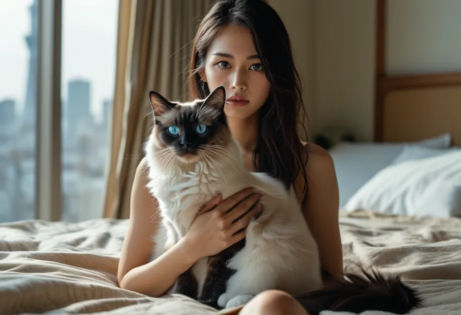 แมวเบอร์แมนดวงตาสีฟ้าสดใสนั่งอยู่ในมุมสงบ ให้ความรู้สึกสง่างามและลึกลับ