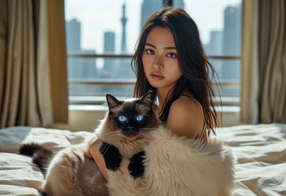 แมวเบอร์แมนในมุมที่มีแสงสะท้อนที่ขน เพิ่มความเงางามและความโดดเด่นของสายพันธุ์