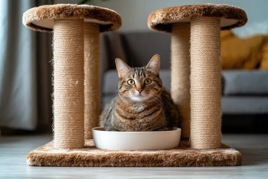 แมวกำลังปีนป่ายบนอุปกรณ์เล่นในบ้าน ส่งเสริมพฤติกรรมที่ดีและสุขภาพกายของแมว