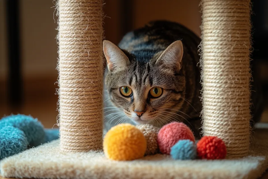 แมวกระโดดและเล่นอย่างสนุกสนานในบ้าน ส่งเสริมพฤติกรรมที่เหมาะสมและสุขภาพจิตของแมว