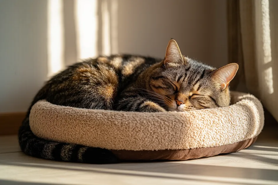 แมวพักผ่อนบนเบาะนุ่ม แสดงถึงความสงบและความสุขในมุมโปรด