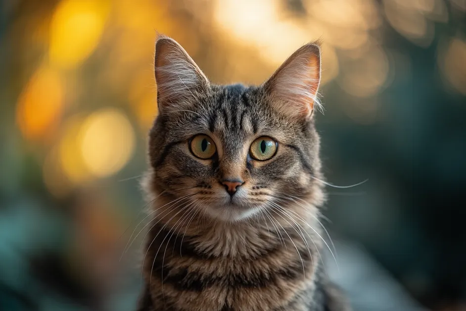 แมวนั่งมองด้วยความตั้งใจในห้องนั่งเล่น สื่อถึงการเรียนรู้และความสนใจในสิ่งแวดล้อม