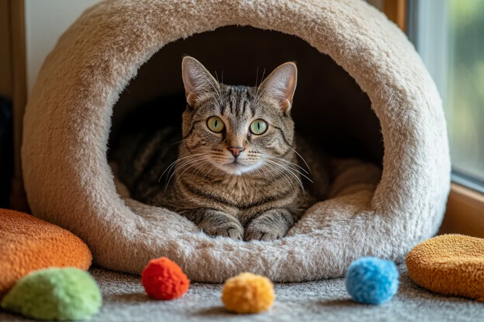 แมวที่สงบและผ่อนคลายกำลังพักผ่อนในศูนย์พักพิง รอคอยบ้านใหม่ที่อบอุ่น