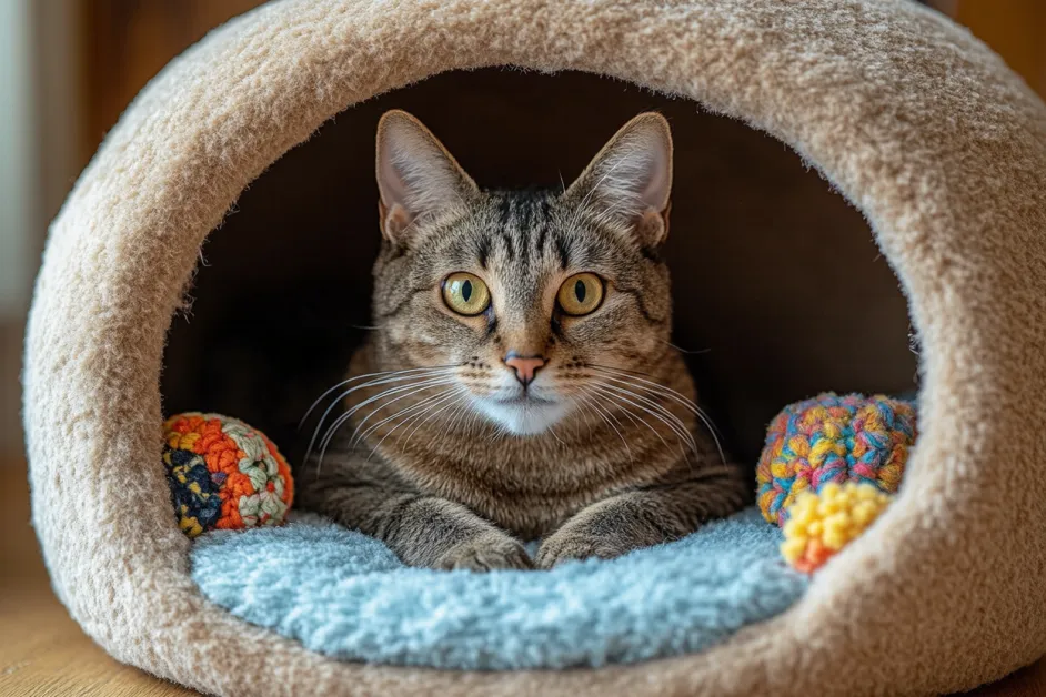 แมว Maine Coon ตัวใหญ่ที่ฉลาดและเป็นมิตร กำลังเล่นกับของเล่นในพื้นที่อพาร์ตเมนต์