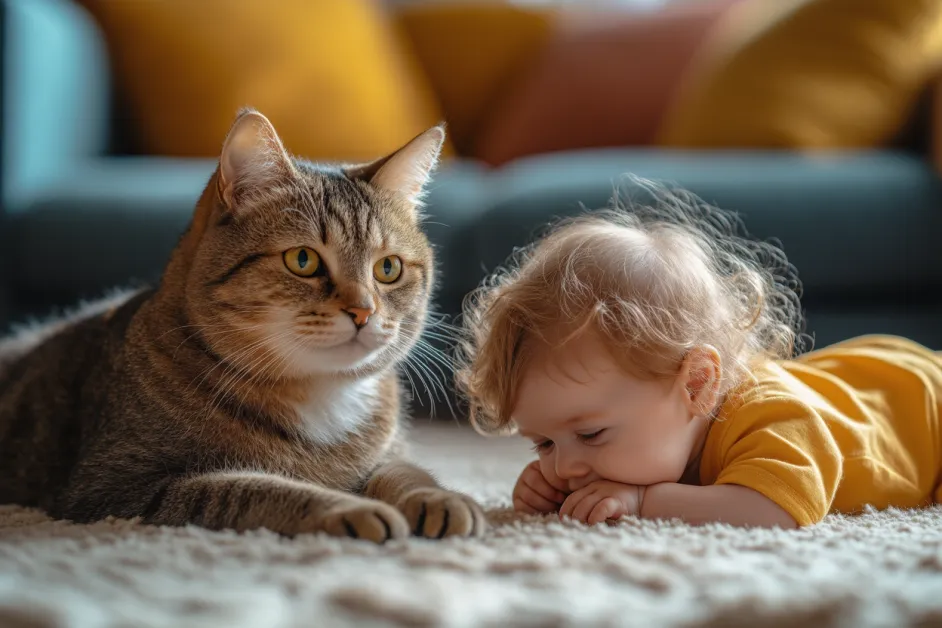 แมว Abyssinian สายพันธุ์ฉลาดและมีพลัง กำลังเล่นอย่างสนุกสนานในบ้านที่มีเด็ก