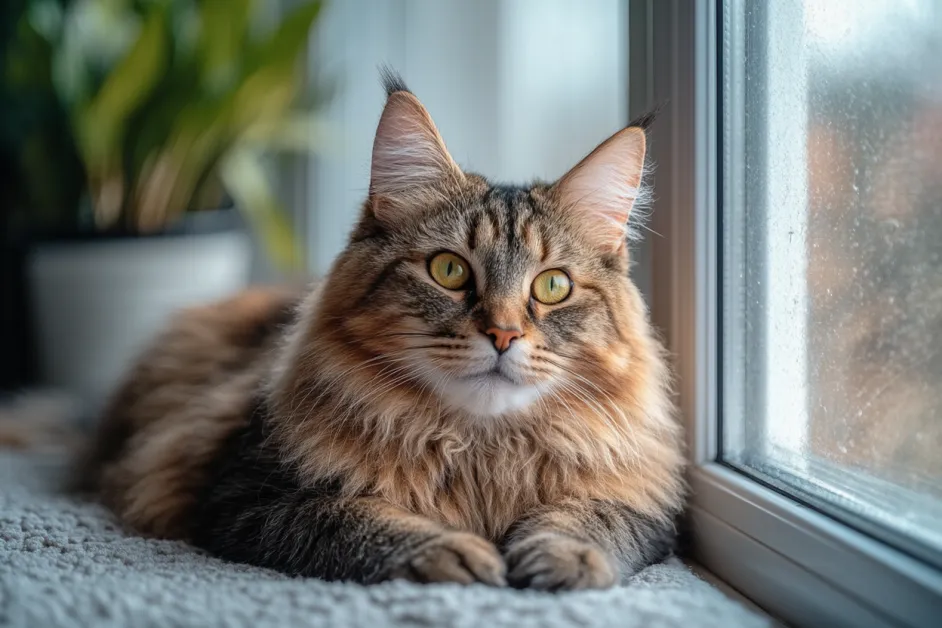 แมวน่ารักกำลังพักผ่อนอย่างสงบในศูนย์พักพิง แสดงความสุขและความสงบ