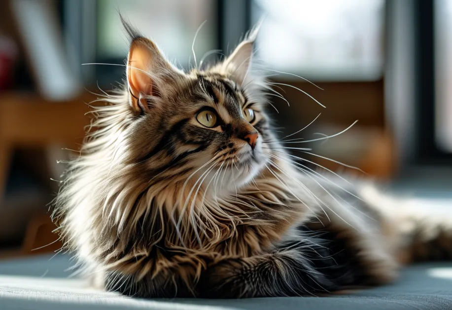 แมวสูงวัยนั่งสงบในพื้นที่ที่มีแสงธรรมชาติส่องถึง - บรรยากาศที่ช่วยให้แมวรู้สึกผ่อนคลายและสบาย