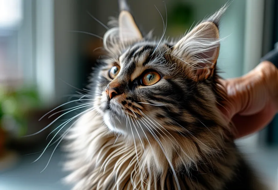 แมวขนฟูสีสวยกำลังจ้องมองวิวกลางแจ้ง - แมวสุขภาพดีในมุมสงบเหมาะสำหรับการถ่ายภาพ.