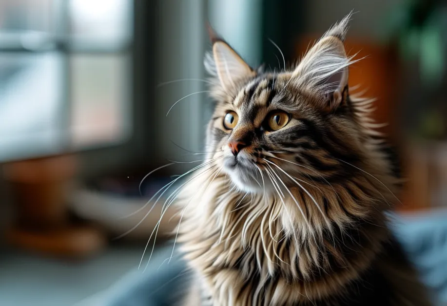 ภาพแมวนั่งในพื้นที่ที่มีแสงธรรมชาติ - การสัมผัสแสงอ่อน ๆ ช่วยให้แมวผ่อนคลายและส่งเสริมสุขภาพจิต