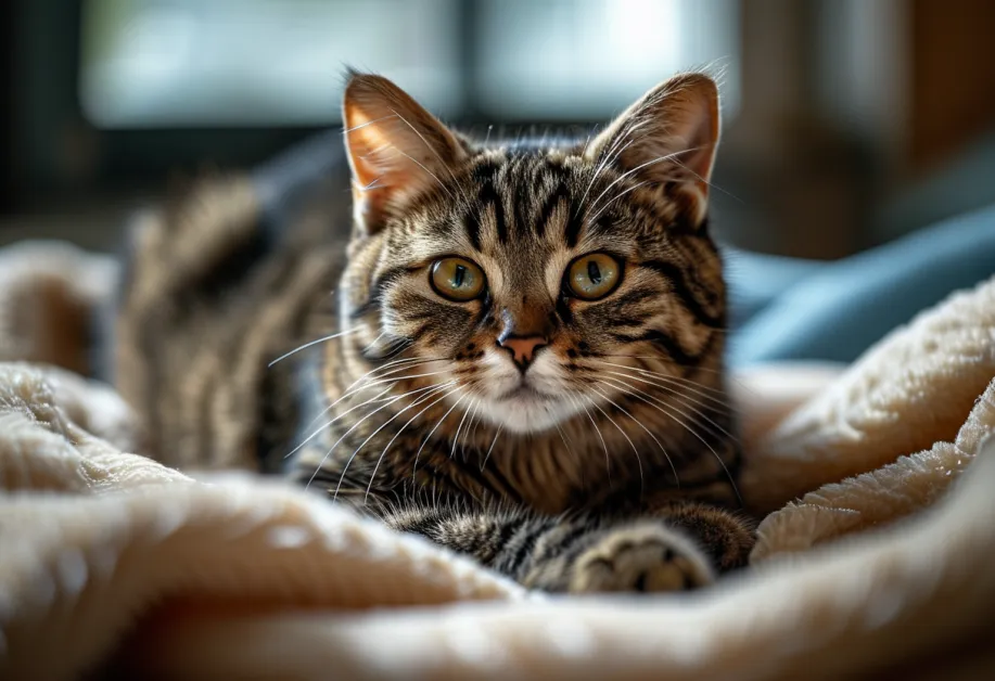 แมวน่ารักกำลังมองกล้องอย่างมีชีวิตชีวา สื่อถึงความสุขจากการดูแลที่ถูกต้อง เหมาะสำหรับบทความเกี่ยวกับวิธีทำให้แมวมีความสุข