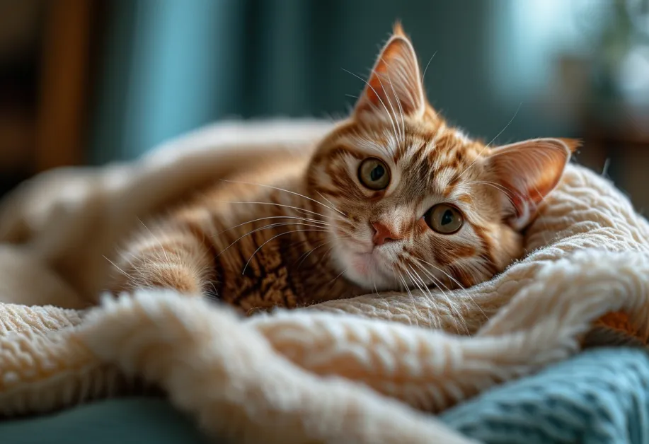 ภาพแมวกำลังตรวจสุขภาพที่บ้าน - แมวนั่งอยู่อย่างสุขสบายในพื้นที่ที่ได้รับการดูแล แสดงถึงความสำคัญของการตรวจสุขภาพแมวเบื้องต้นที่บ้าน