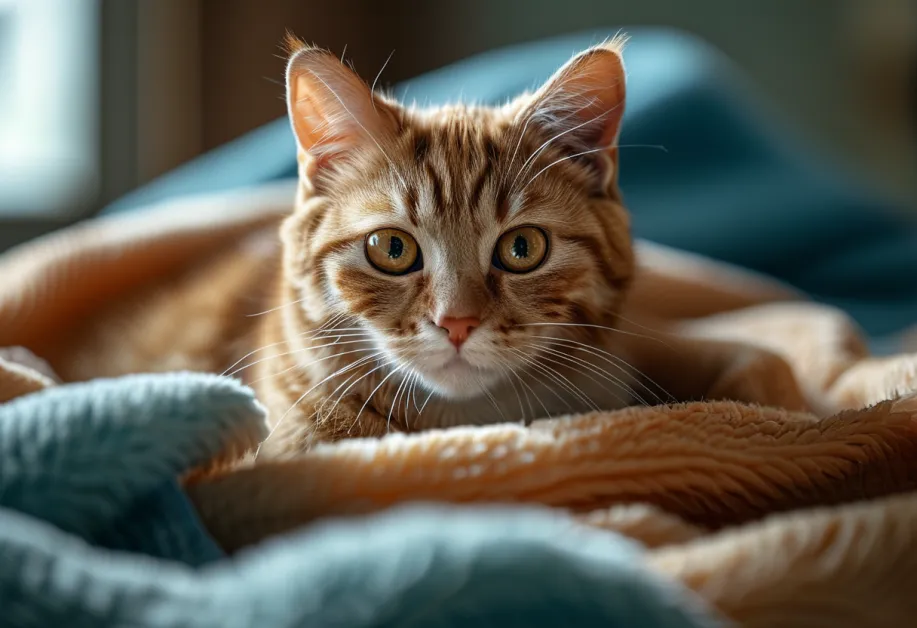 แมวนอนเล่นอย่างผ่อนคลายในพื้นที่สะอาด แสดงถึงการดูแลสภาพแวดล้อมที่ปลอดภัย เหมาะสำหรับบทความเกี่ยวกับการสร้างบ้านที่เหมาะสำหรับแมว