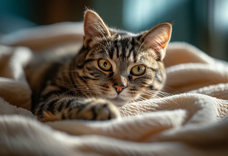 แมวสูงวัยนอนพักผ่อนในมุมโปรดพร้อมบรรยากาศสงบ - ภาพสะท้อนการสร้างสภาพแวดล้อมที่อบอุ่นและเหมาะสมสำหรับแมวสูงอายุ