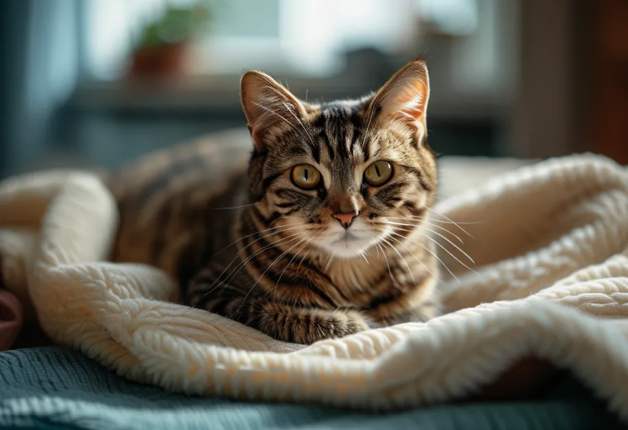 แมวสูงวัยกำลังพักผ่อนบนเบาะที่นุ่มสบาย - แสดงถึงการจัดสภาพแวดล้อมที่เหมาะสมเพื่อเพิ่มความสุขและความผ่อนคลายให้กับแมววัยชรา
