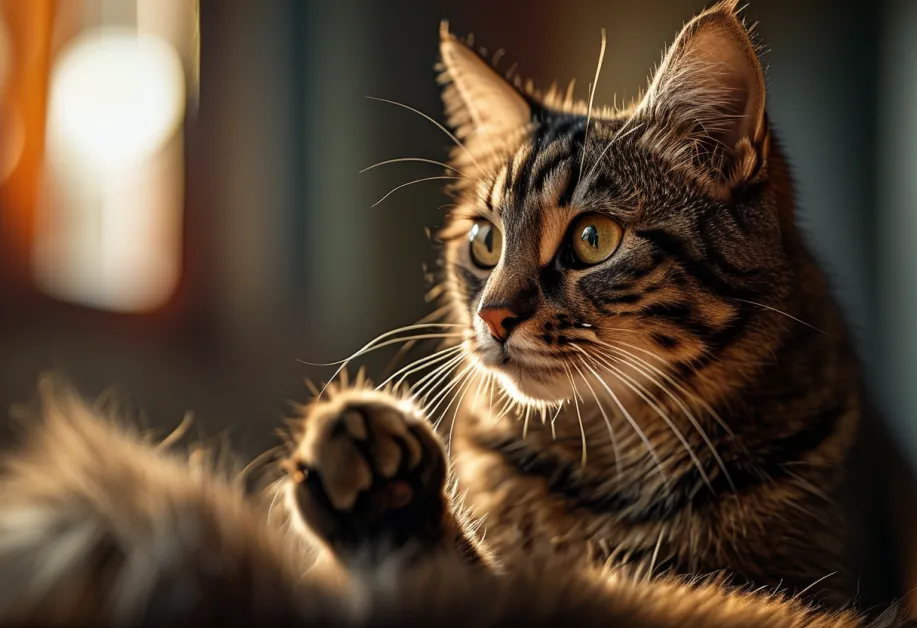 ภาพแมวสูงวัยนั่งผ่อนคลายในมุมสงบของบ้าน - เน้นการสร้างสภาพแวดล้อมที่เงียบสงบและปลอดภัยสำหรับแมวอาวุโส