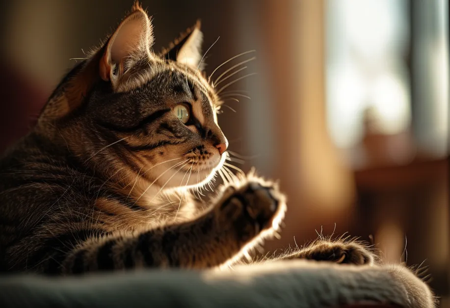 แมวตัวน้อยกำลังพักผ่อนในพื้นที่ที่อบอุ่นและเงียบสงบ สะท้อนถึงการดูแลและการจัดการสิ่งแวดล้อมที่เหมาะสมสำหรับแมว