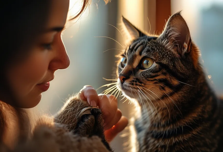 แมวสีสวยกำลังจ้องมองอย่างสง่างาม - แมวสุขภาพดีมีขนมันเงาและสายตาที่เต็มไปด้วยความสงบ.