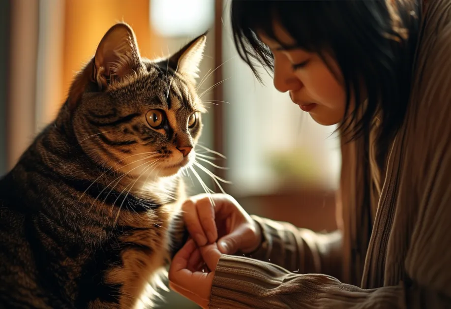 แมวนั่งในตำแหน่งสง่างามบนหมอนนุ่ม - การดูแลที่ดีช่วยให้แมวมีสุขภาพดีและพฤติกรรมที่สงบ.