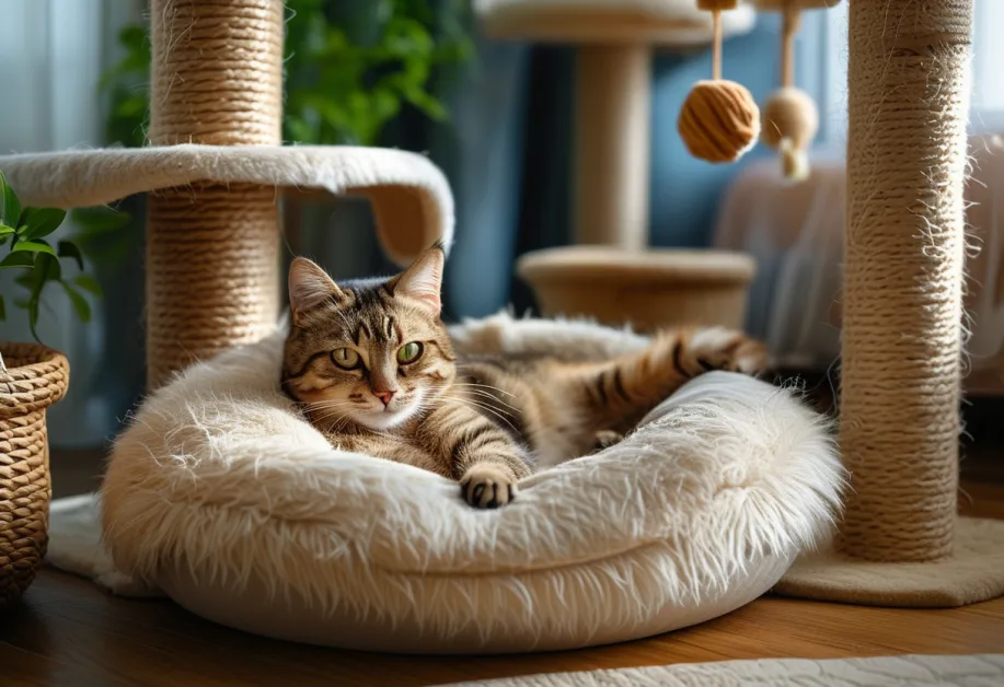 แมวนอนพักบนหมอนนุ่มในบ้านที่อบอุ่น - การสร้างบรรยากาศที่ปลอดภัยและสบายช่วยเสริมสุขภาพจิตของแมว.