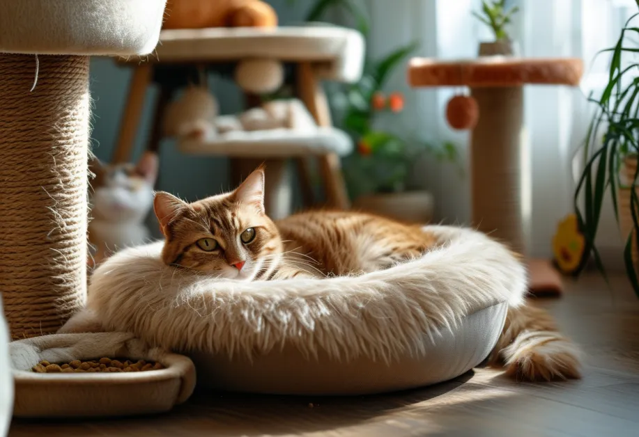 แมวนอนขดตัวอย่างอบอุ่นในพื้นที่ปลอดภัย - สื่อถึงความรักและการดูแลที่เหมาะสมสำหรับสัตว์เลี้ยง