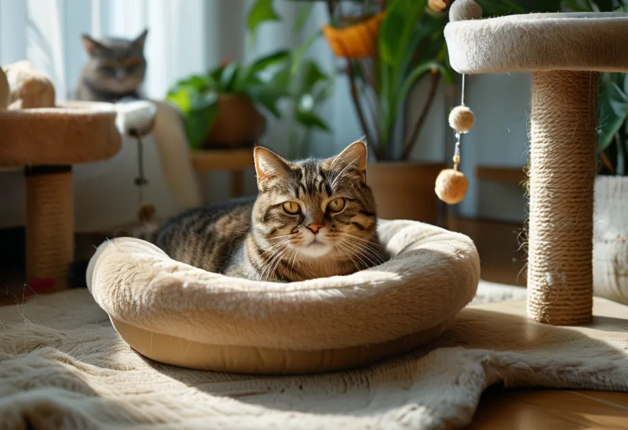 แมวนอนหลับบนเบาะที่จัดไว้อย่างสบาย - แมวที่นอนหลับในพื้นที่ที่จัดไว้เฉพาะสำหรับแมว เหมาะสำหรับการดูแลความสบายในฤดูหนาว